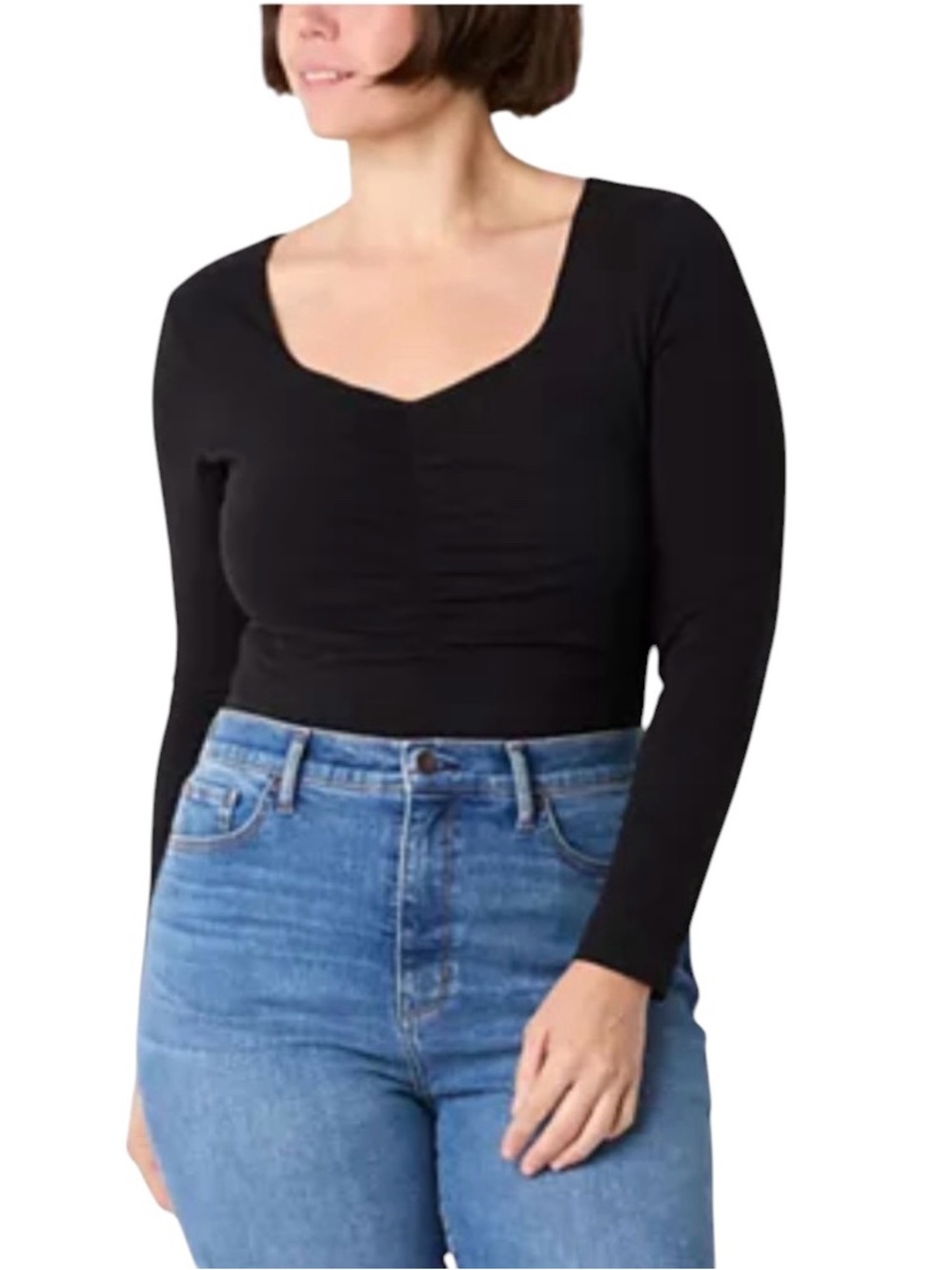 ❤️A.N.A Black Women’s Sweetheart Neckline Minimalist Ruched Knit Bodysuit | L